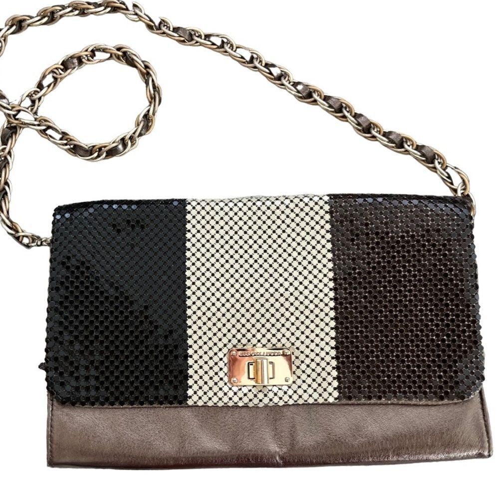 Elliott Lucca Bronze metallic leather crossbody purse with mesh flap
